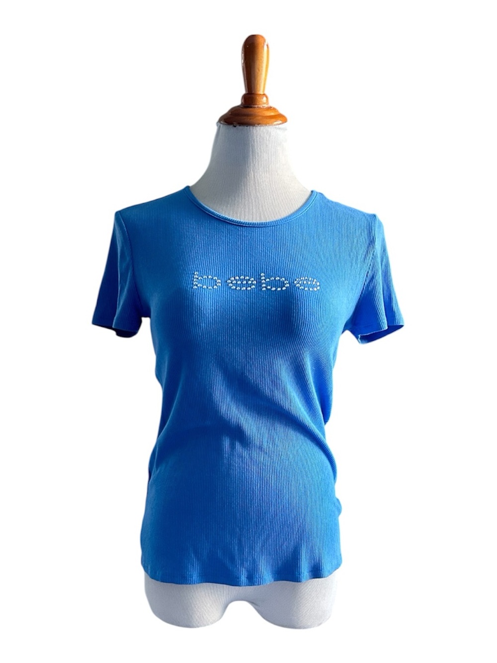 bebe Bright Blue Rhinestone Logo Ribbed Short Sleeve Tee